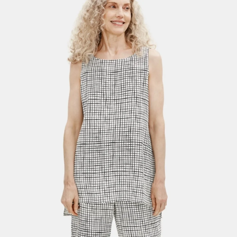 Eileen Fisher Textured Crepe Grid Long Shell Black &White Sleeveless Tank Top - Picture 6 of 9